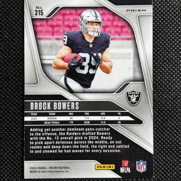 2024 Panini Prizm - Rookies Brock Bowers #315 Silver Prizm (RC) Rookie Raiders - Picture 2 of 2